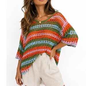 DOKOTOO Crochet Knit Top Oversized Boho Colorblock Open Weave Sweater Medium